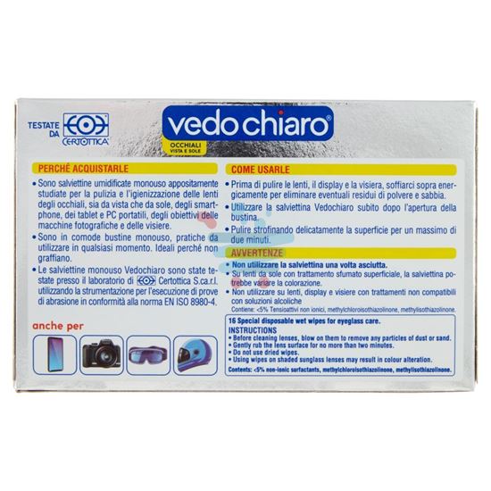 VEDO CHIARO SALVIETTE OCCHIALI VISTA E SOLE FORMULA IGIENIZZANTE 16 PEZZI