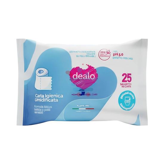 Confezione compatta da 25 salviette Dealo inserita in una borsa per l'utilizzo in viaggio