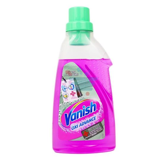 Bottiglia rosa di Vanish Gel Pink Hygiene da 725 ml con etichetta e icona di azione smacchiamento